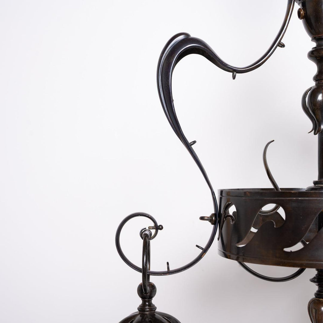 Large & Impressive British Arts & Crafts Chandelier with Original Vaseline Glass Shades