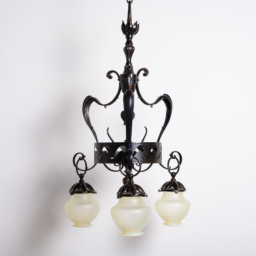 Large & Impressive British Arts & Crafts Chandelier with Original Vaseline Glass Shades