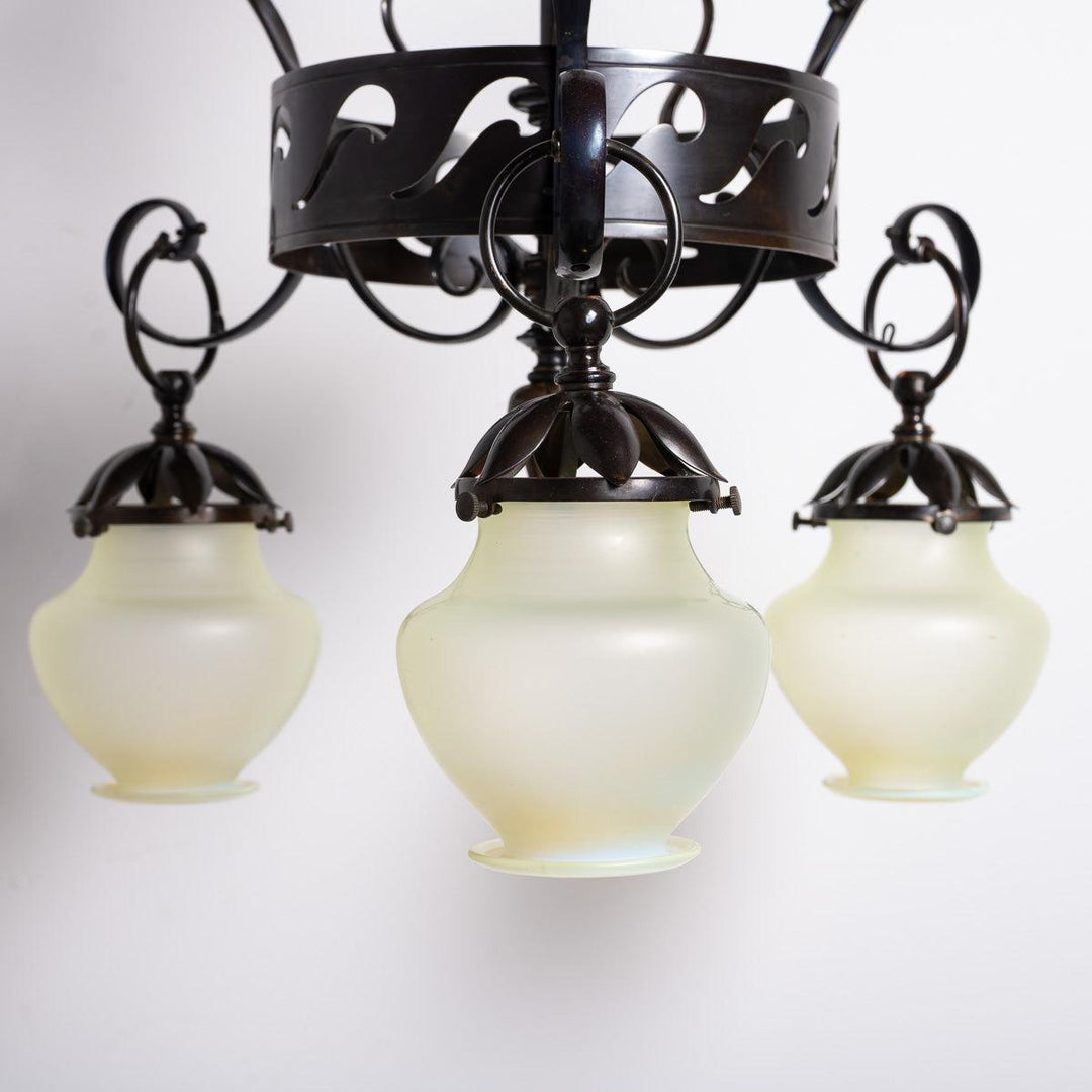 Large & Impressive British Arts & Crafts Chandelier with Original Vaseline Glass Shades