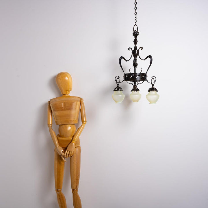 Large & Impressive British Arts & Crafts Chandelier with Original Vaseline Glass Shades