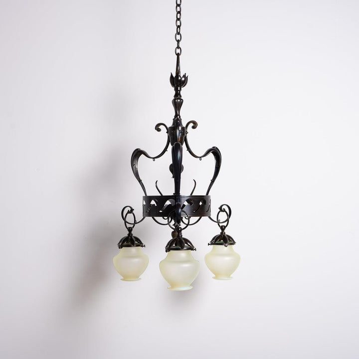 Large & Impressive British Arts & Crafts Chandelier with Original Vaseline Glass Shades