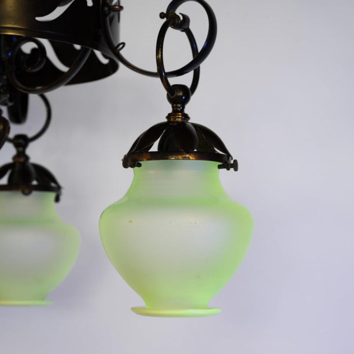 Large & Impressive British Arts & Crafts Chandelier with Original Vaseline Glass Shades