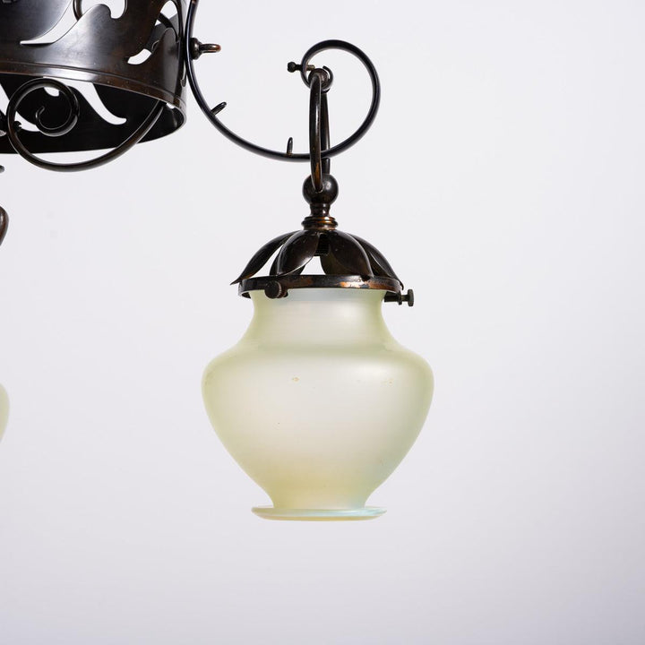 Large & Impressive British Arts & Crafts Chandelier with Original Vaseline Glass Shades