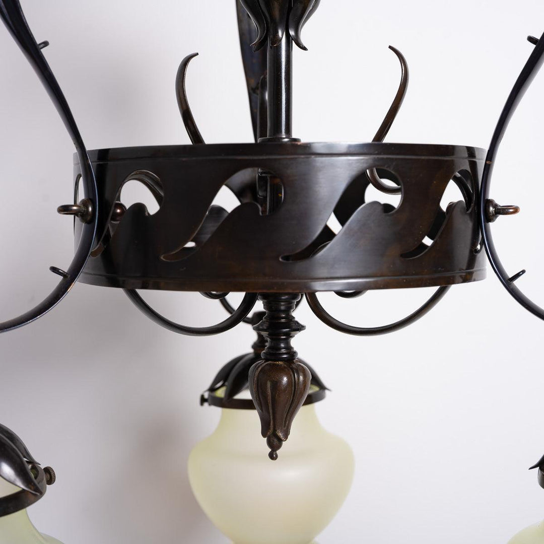 Large & Impressive British Arts & Crafts Chandelier with Original Vaseline Glass Shades