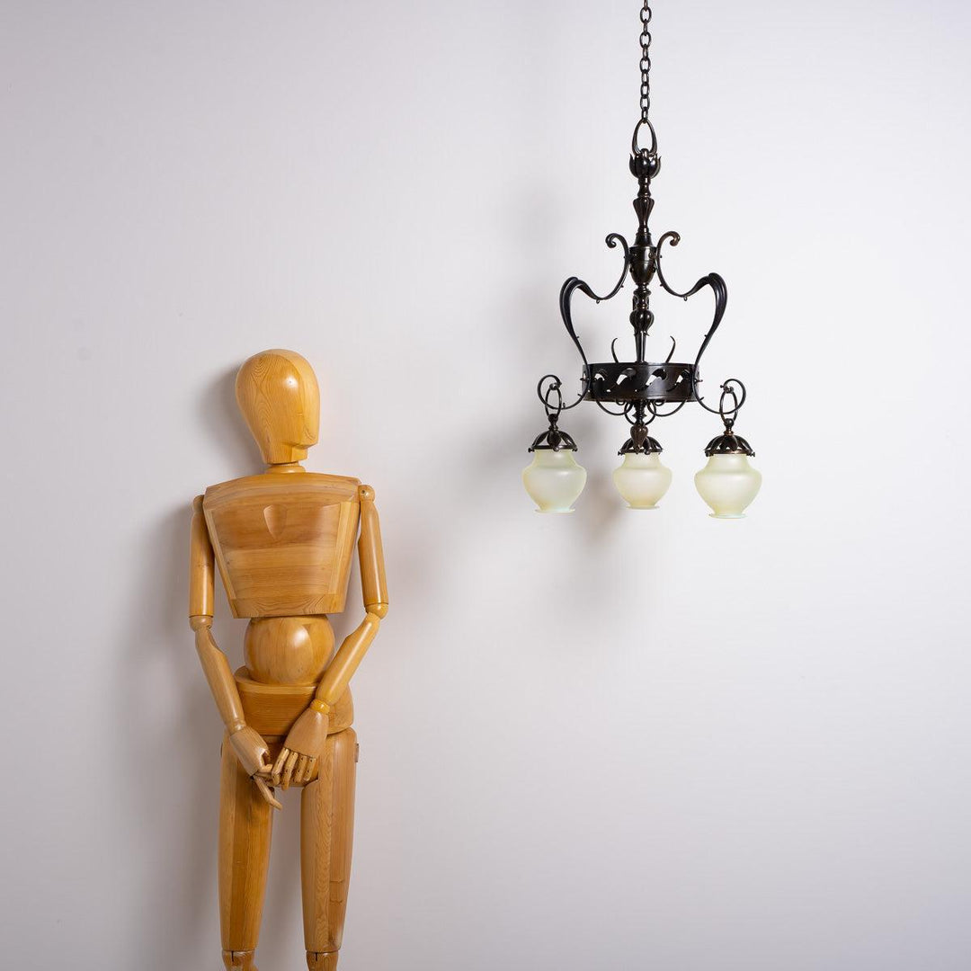 Large & Impressive British Arts & Crafts Chandelier with Original Vaseline Glass Shades