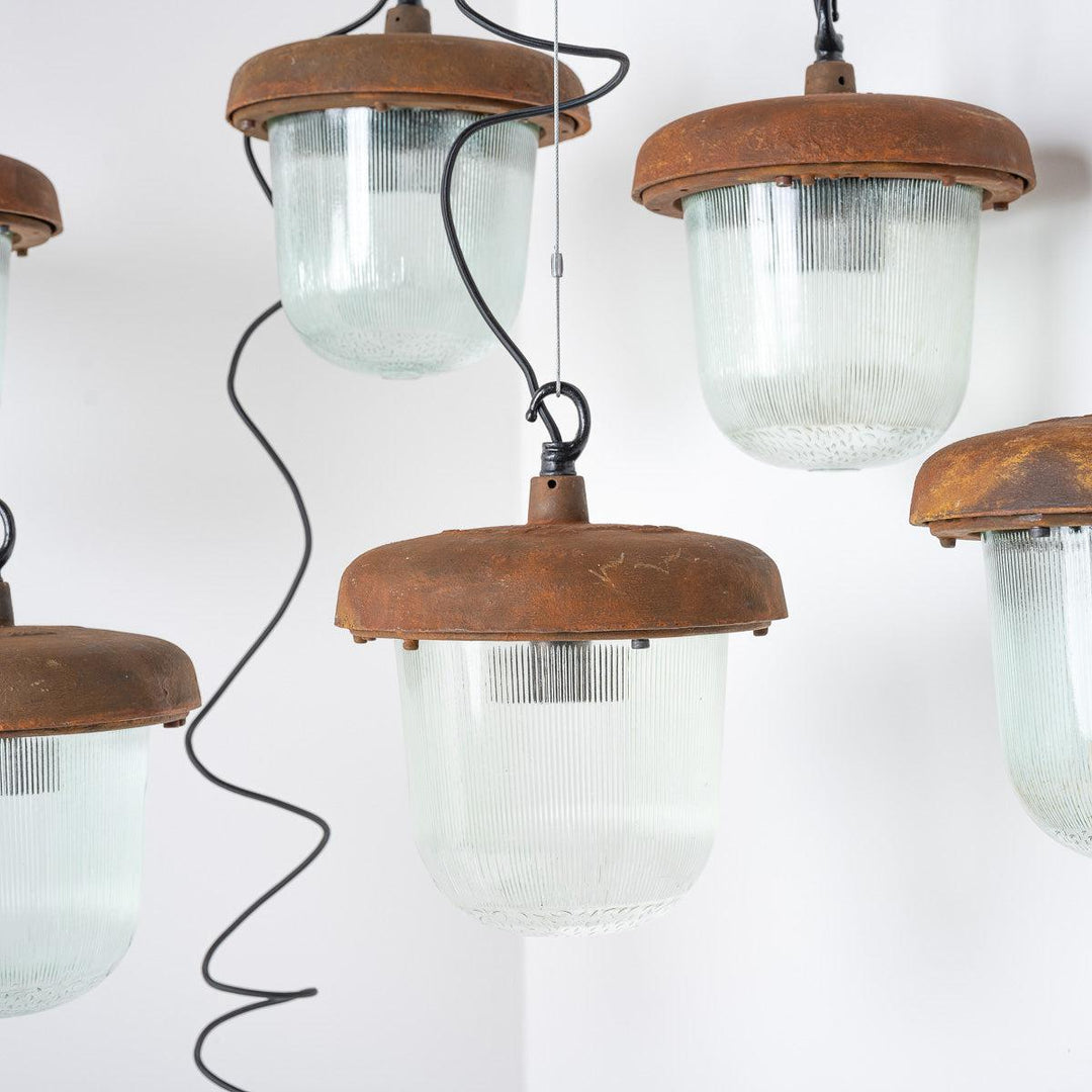 Large Industrial Rusted Pendant Lights Reclaimed from the Eastern Bloc