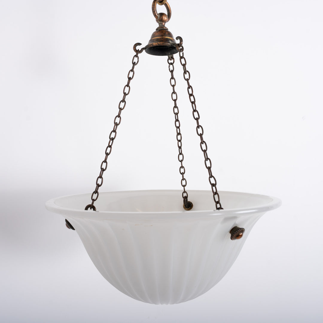 Large JeffersonNo.6364 Moonstone Plafonnier with Oxidised Copper Fittings Stamped Faraday & Son