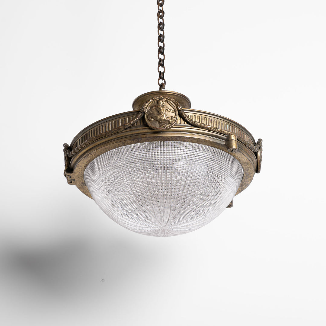 Large Neoclassical Bronze Ceiling Light with Holophane Star-cut Blondel Stiletto Bowl