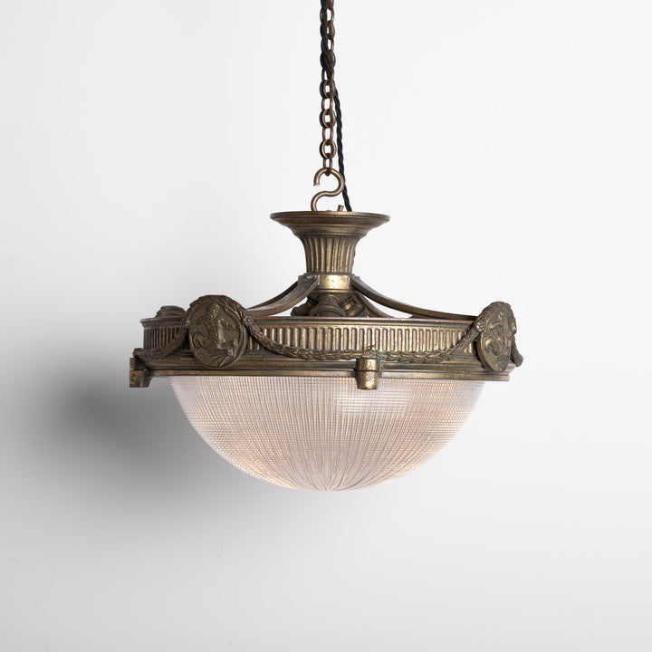 Large Neoclassical Bronze Ceiling Light with Holophane Star-cut Blondel Stiletto Bowl