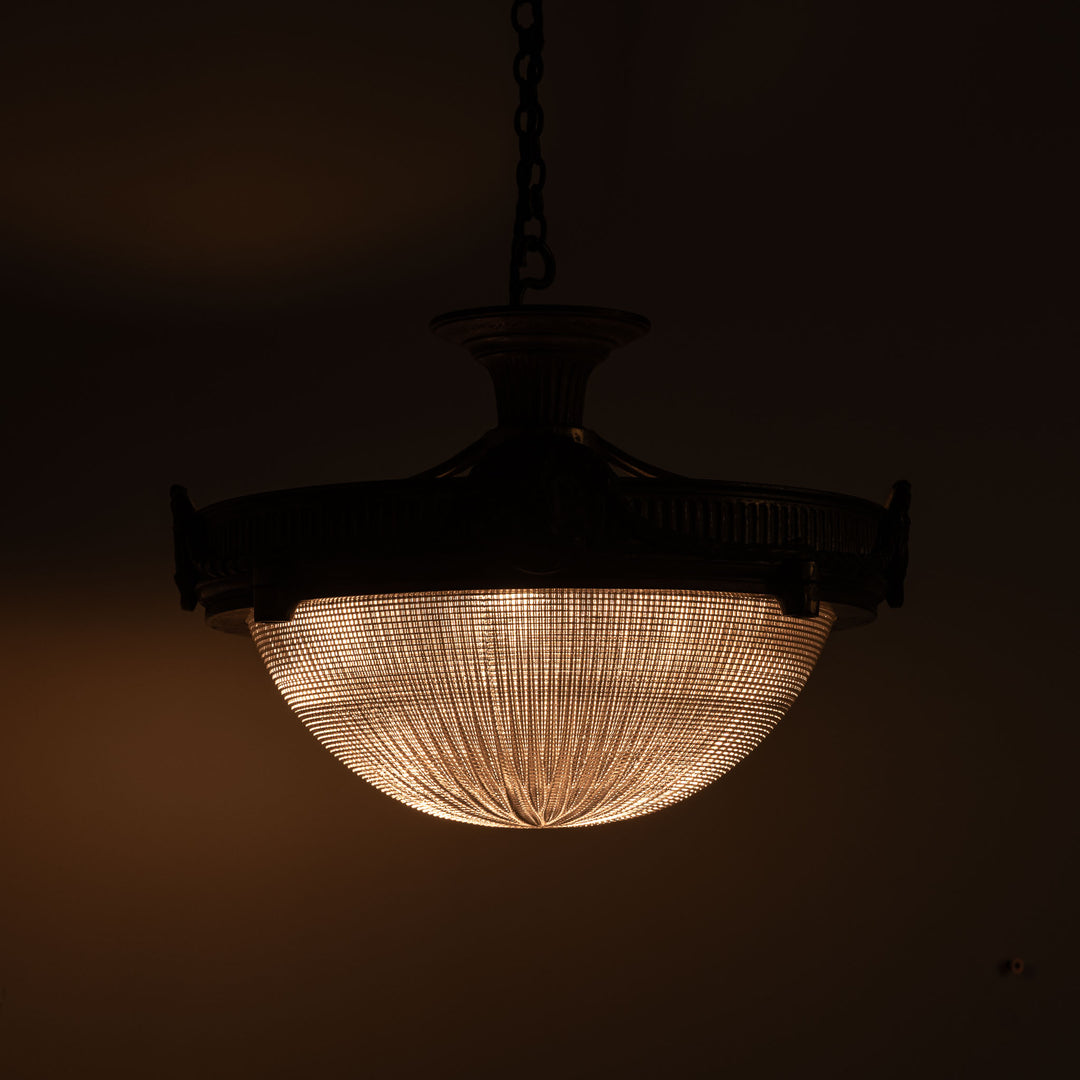Large Neoclassical Bronze Ceiling Light with Holophane Star-cut Blondel Stiletto Bowl