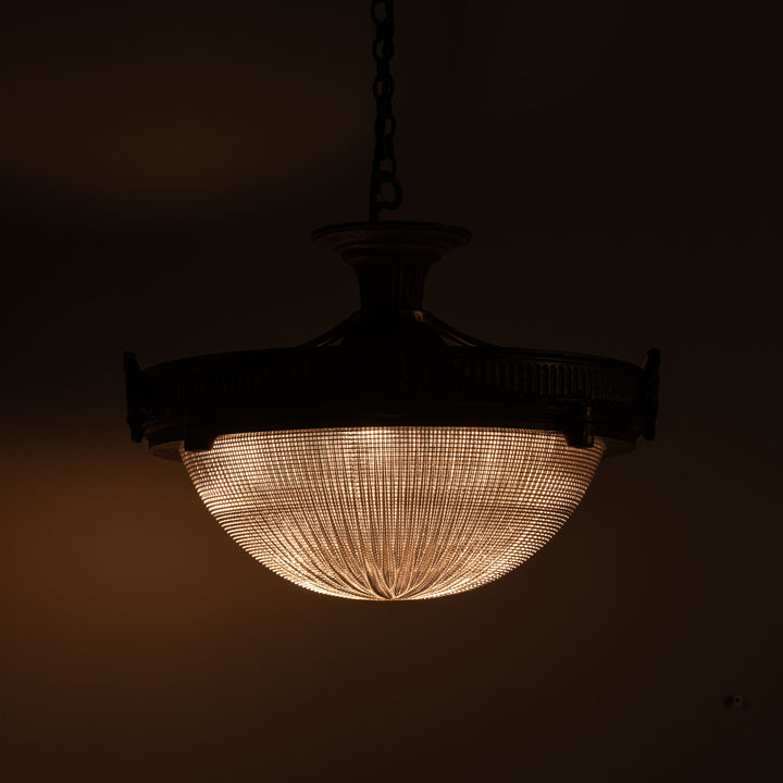 Large Neoclassical Bronze Ceiling Light with Holophane Star-cut Blondel Stiletto Bowl