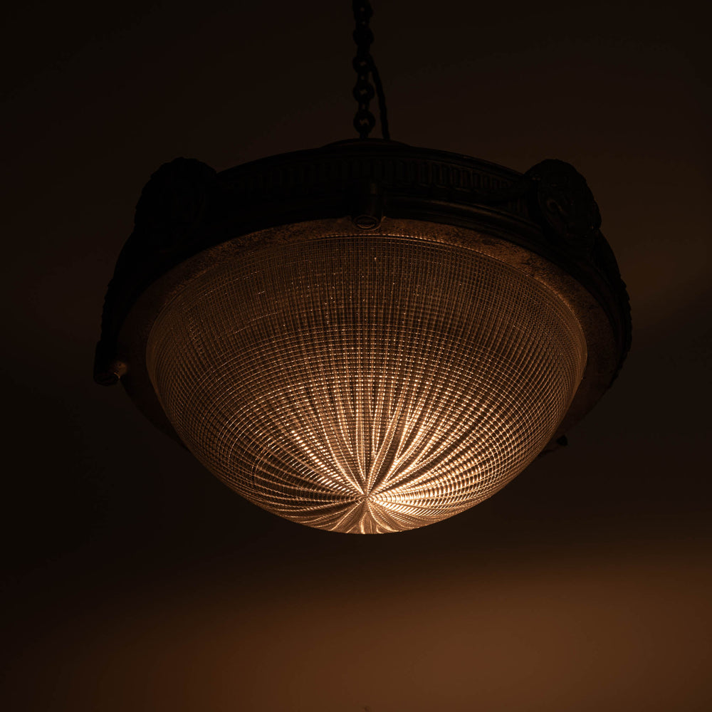 Large Neoclassical Bronze Ceiling Light with Holophane Star-cut Blondel Stiletto Bowl