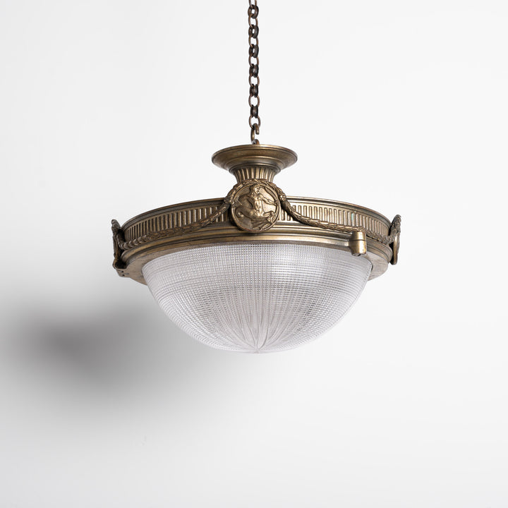 Large Neoclassical Bronze Ceiling Light with Holophane Star-cut Blondel Stiletto Bowl