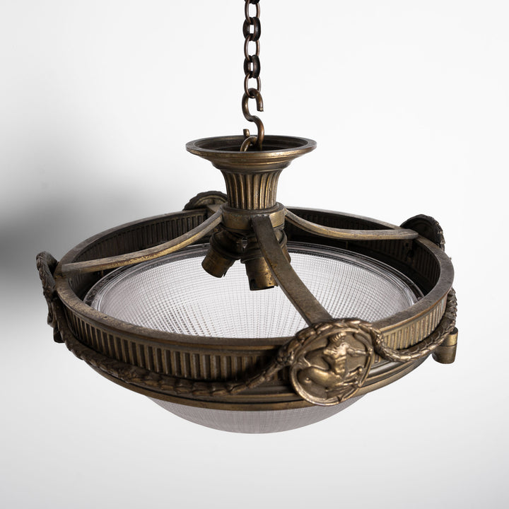 Large Neoclassical Bronze Ceiling Light with Holophane Star-cut Blondel Stiletto Bowl