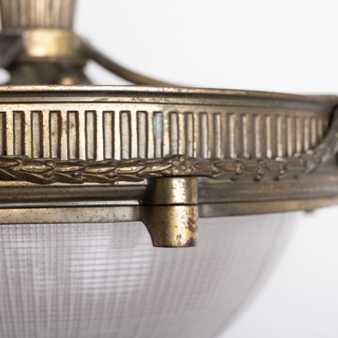 Large Neoclassical Bronze Ceiling Light with Holophane Star-cut Blondel Stiletto Bowl