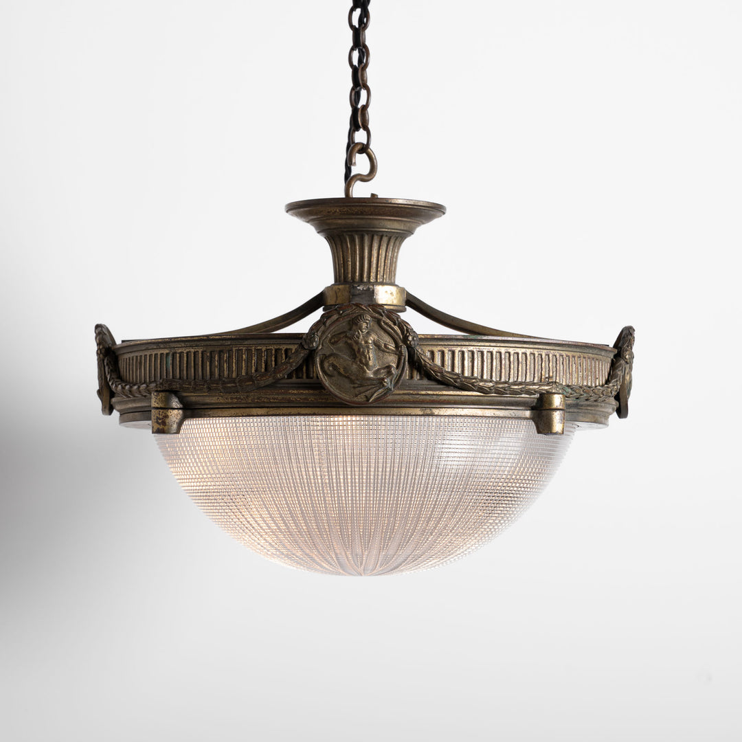 Large Neoclassical Bronze Ceiling Light with Holophane Star-cut Blondel Stiletto Bowl