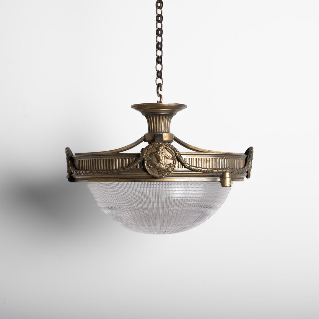 Large Neoclassical Bronze Ceiling Light with Holophane Star-cut Blondel Stiletto Bowl