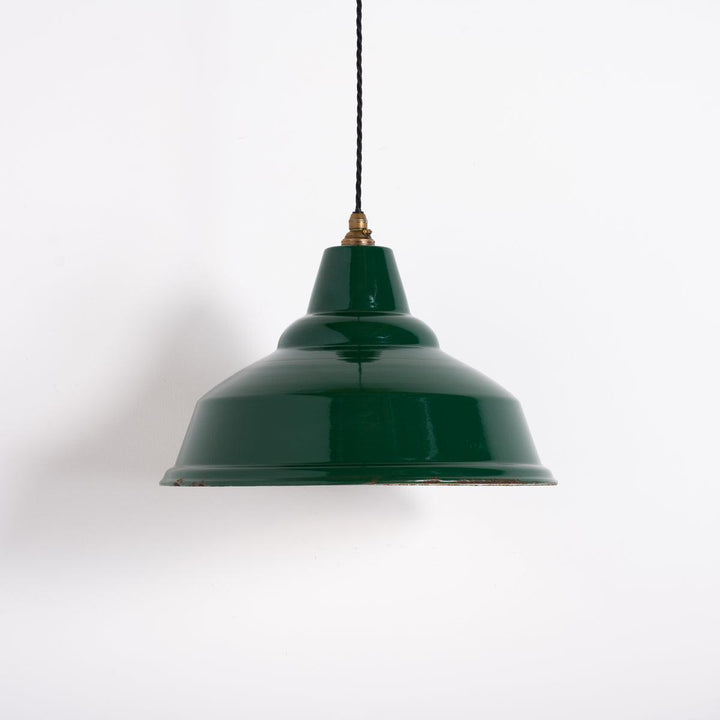 Large Reclaimed British Green Enamel Industrial Pendant Light by Thorlux