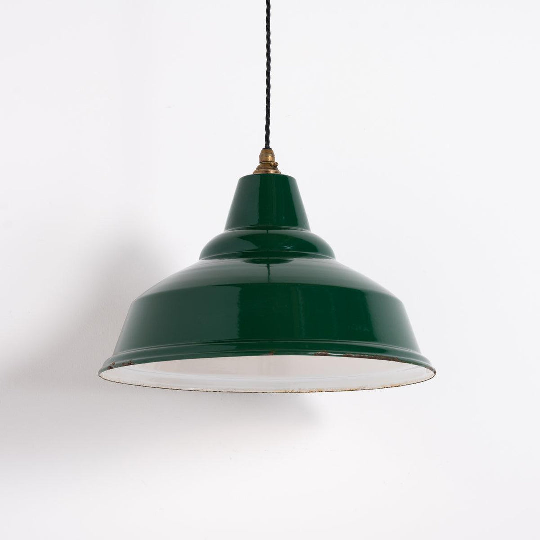 Large Reclaimed British Green Enamel Industrial Pendant Light by Thorlux