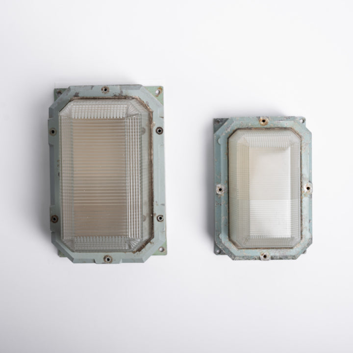 Large Reclaimed Prismatic Glass Bulkhead Wall Light Fittings by Holophane