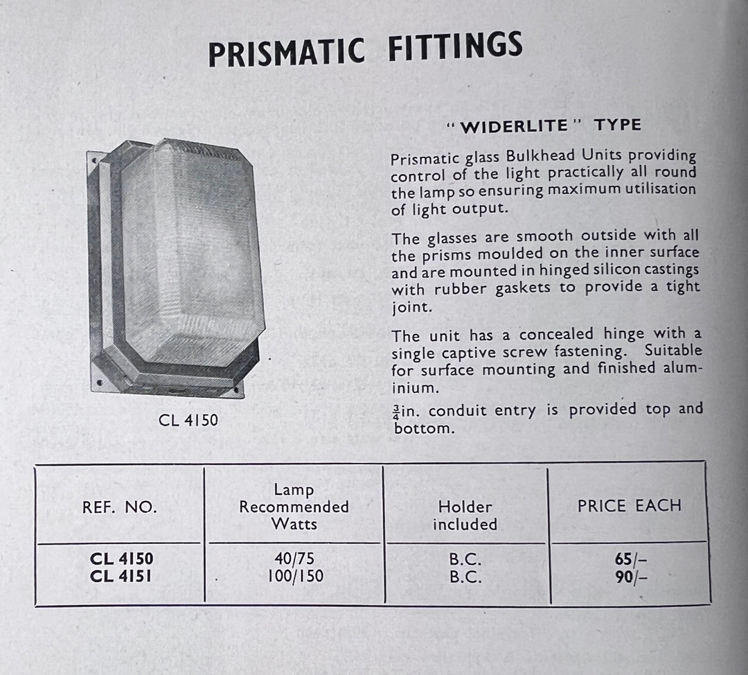 Large Reclaimed Prismatic Glass Bulkhead Wall Light Fittings by Holophane