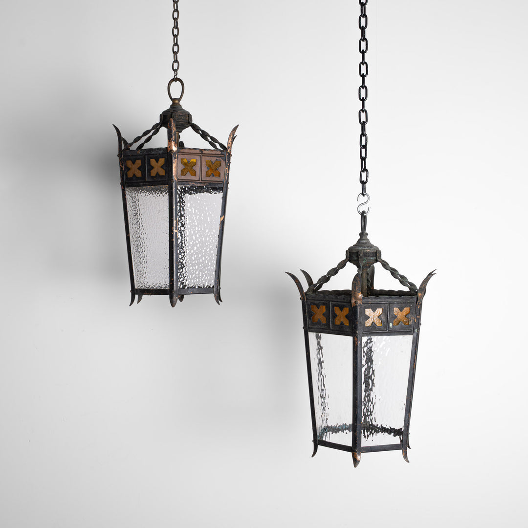 Large Reclaimed Vintage Copper Gothic Hall Lanterns - Pair