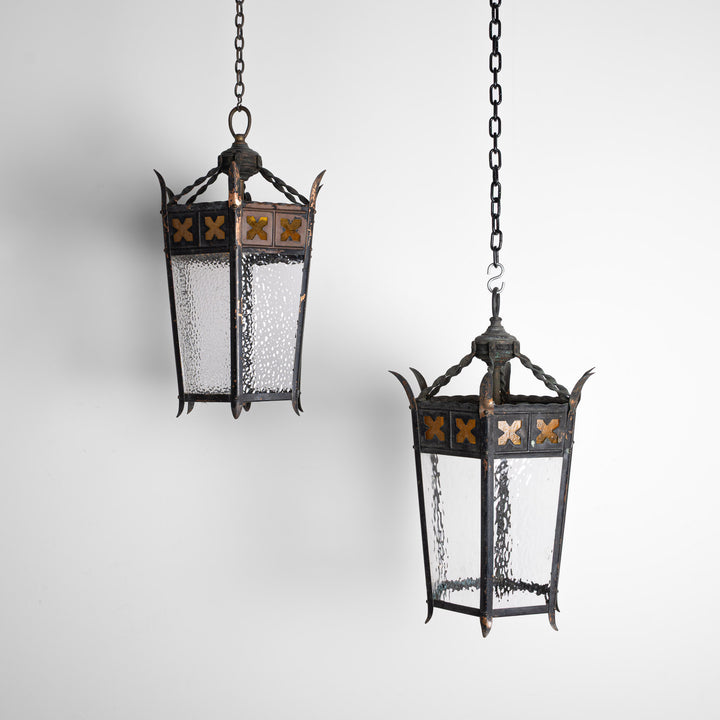 Large Reclaimed Vintage Copper Gothic Hall Lanterns - Pair