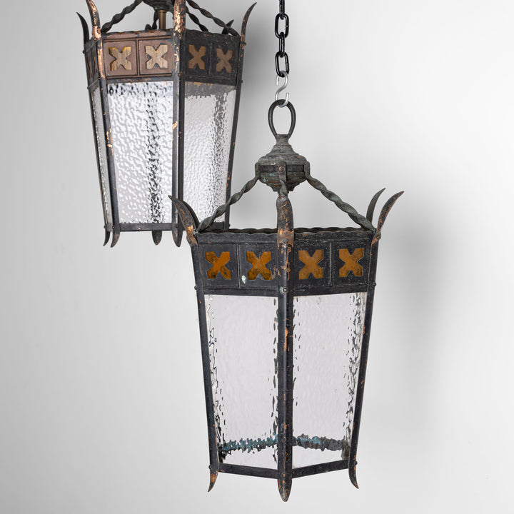 Large Reclaimed Vintage Copper Gothic Hall Lanterns - Pair