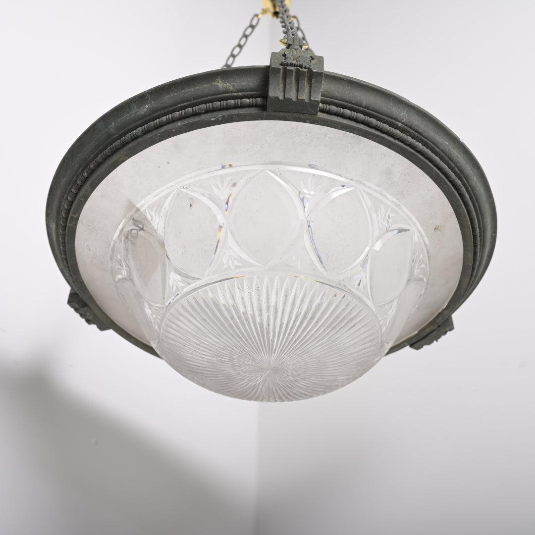 Large Scale Tapered Multi-Cut Crystal Bowl Plafonnier in Substantial Cast Bronze Mount