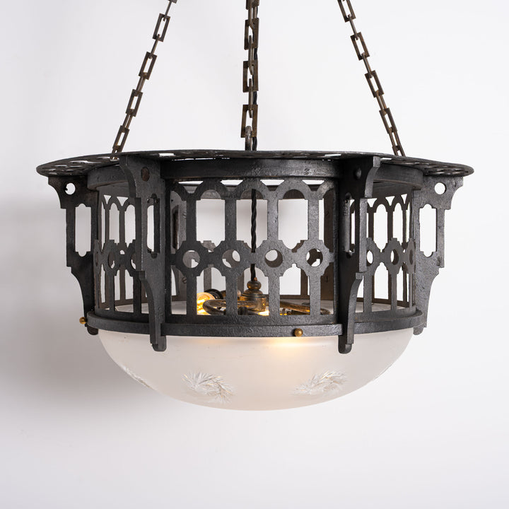 Large Scale Wrought Iron & Cast Brass Plafonnier with Rare Jefferson Satin & Cut Crystal Bowl