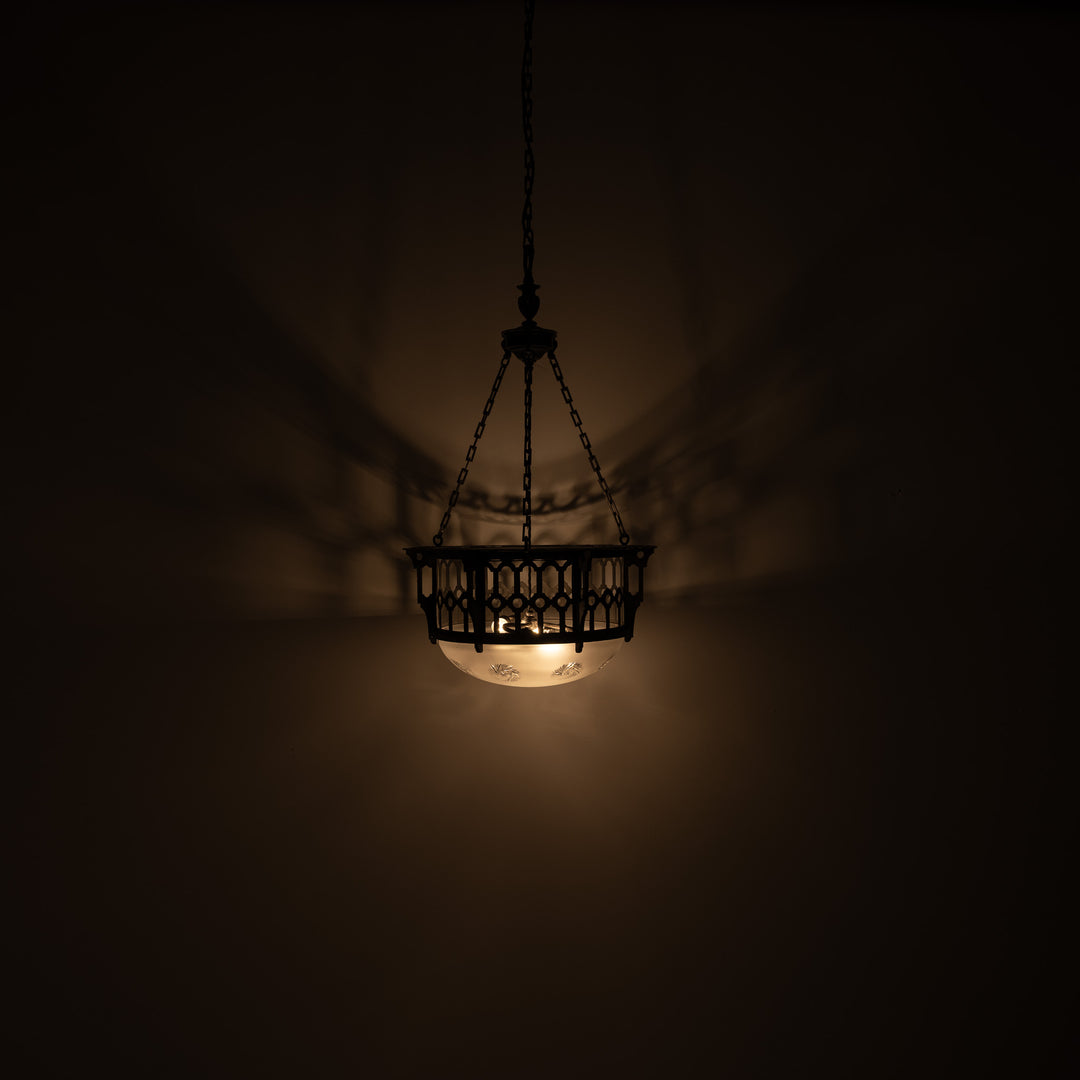 Large Scale Wrought Iron & Cast Brass Plafonnier with Rare Jefferson Satin & Cut Crystal Bowl