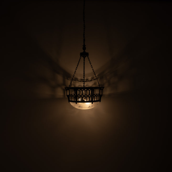 Large Scale Wrought Iron & Cast Brass Plafonnier with Rare Jefferson Satin & Cut Crystal Bowl