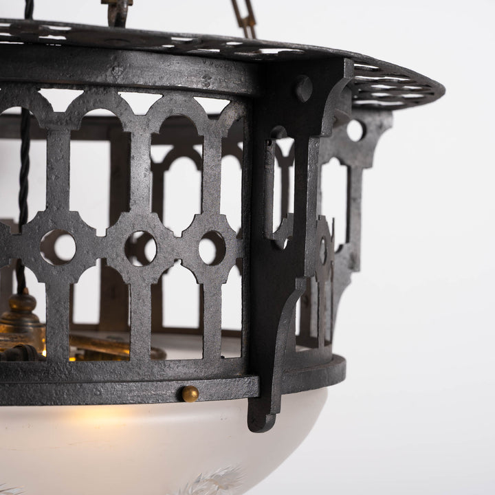 Large Scale Wrought Iron & Cast Brass Plafonnier with Rare Jefferson Satin & Cut Crystal Bowl