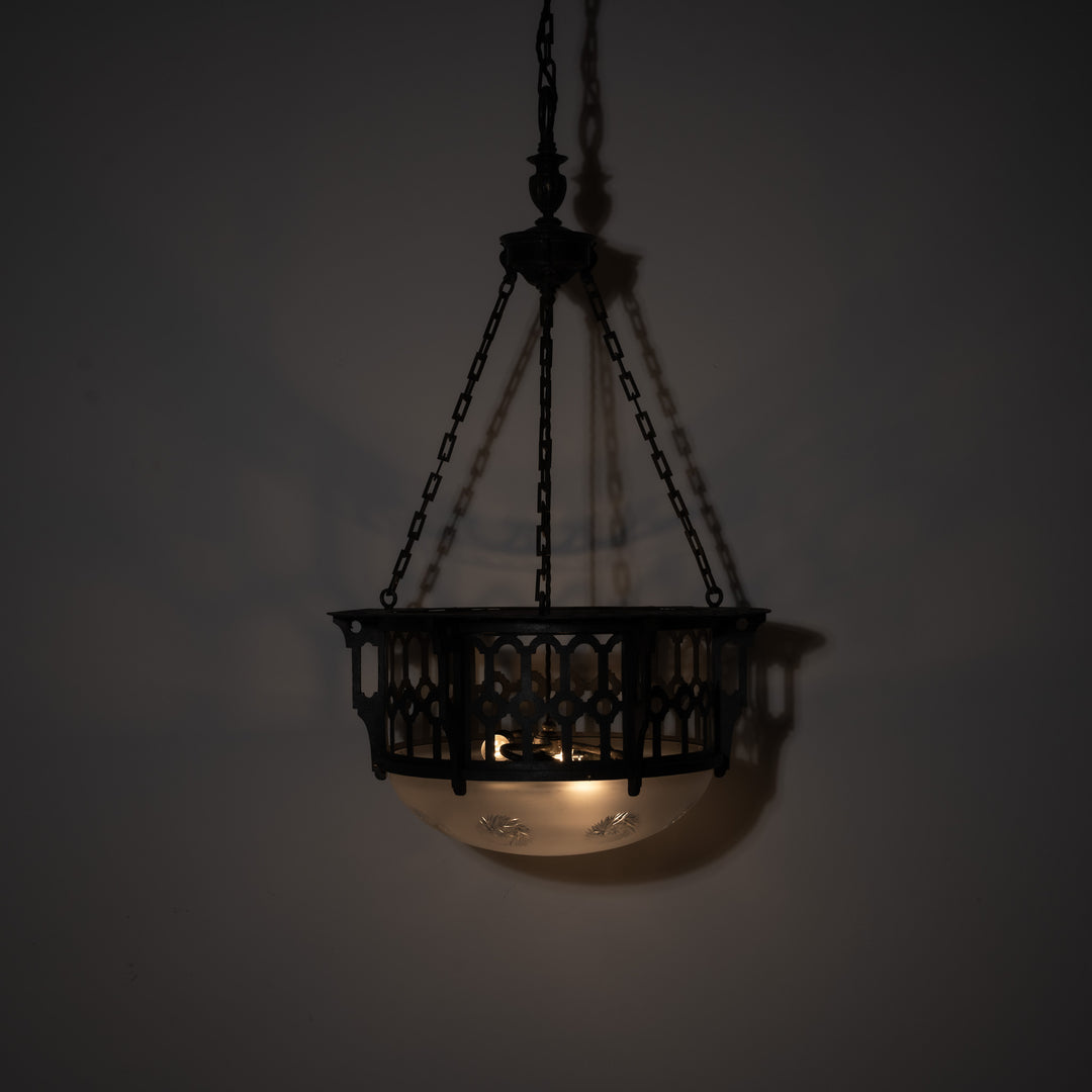 Large Scale Wrought Iron & Cast Brass Plafonnier with Rare Jefferson Satin & Cut Crystal Bowl