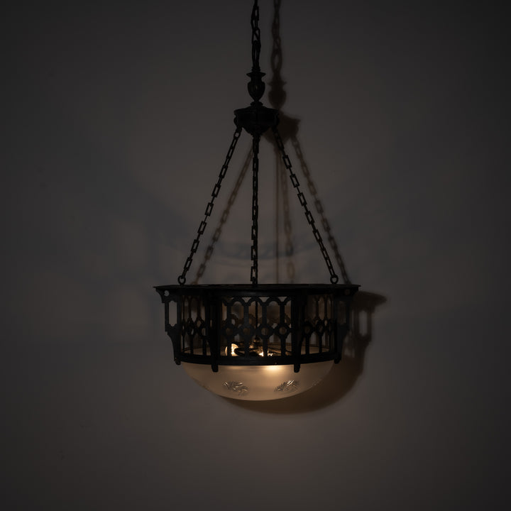 Large Scale Wrought Iron & Cast Brass Plafonnier with Rare Jefferson Satin & Cut Crystal Bowl