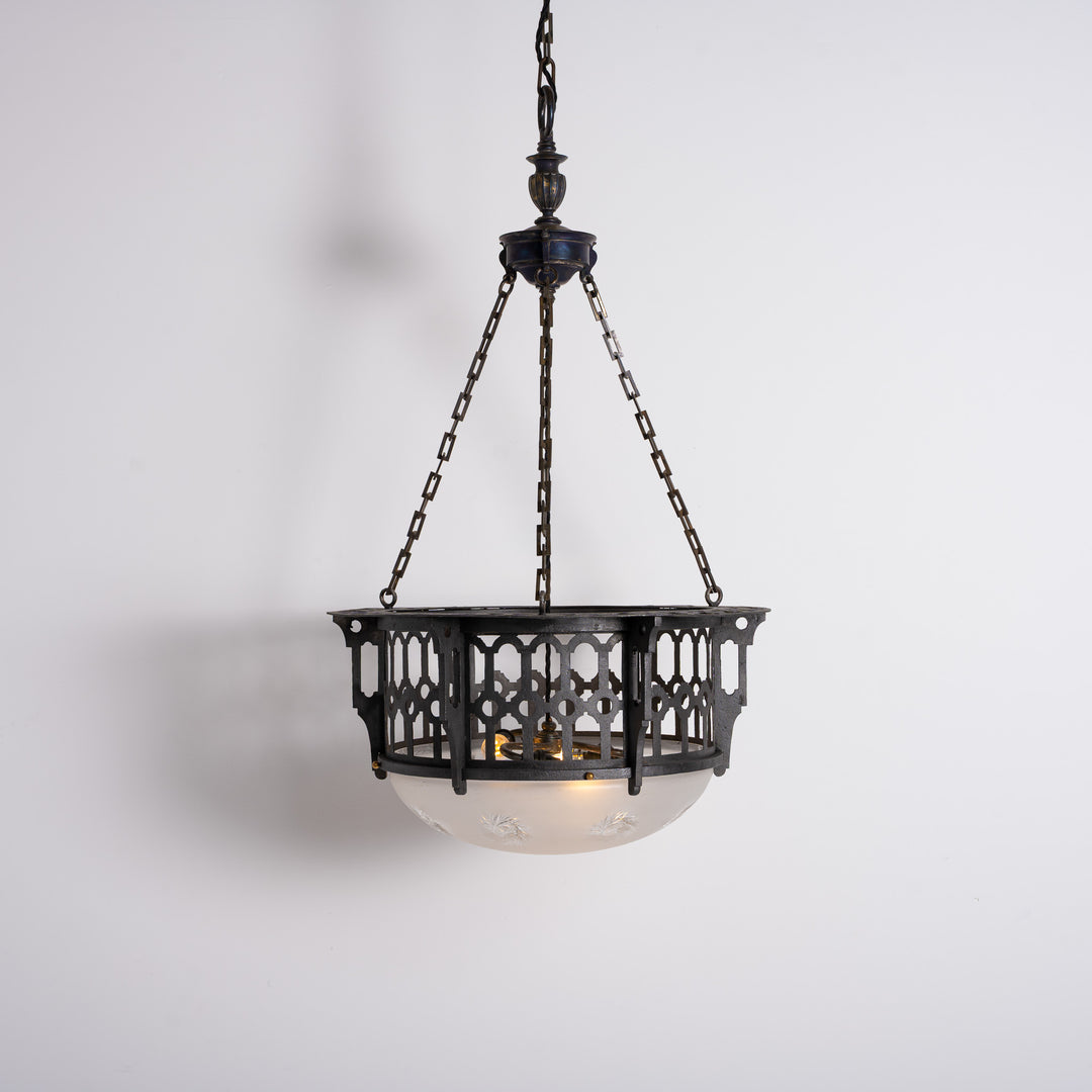 Large Scale Wrought Iron & Cast Brass Plafonnier with Rare Jefferson Satin & Cut Crystal Bowl