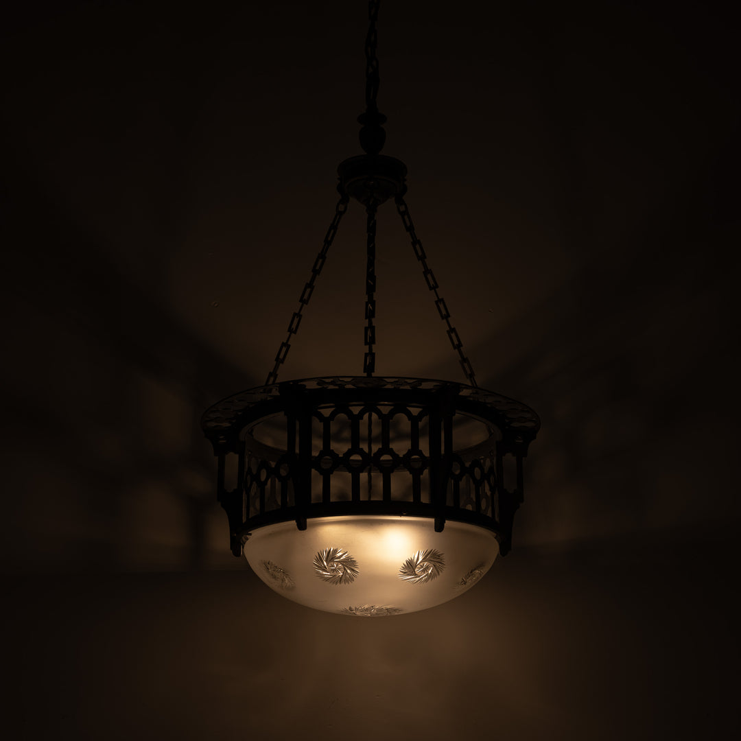Large Scale Wrought Iron & Cast Brass Plafonnier with Rare Jefferson Satin & Cut Crystal Bowl