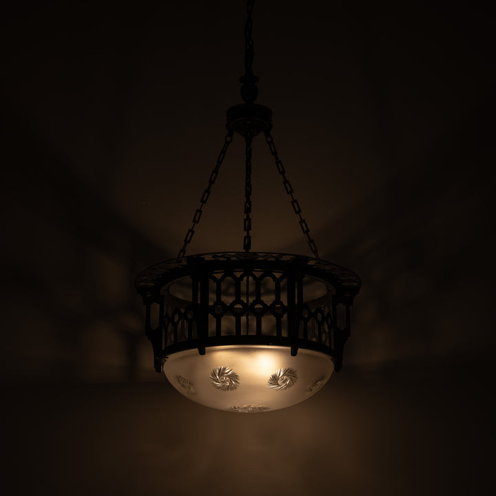 Large Scale Wrought Iron & Cast Brass Plafonnier with Rare Jefferson Satin & Cut Crystal Bowl