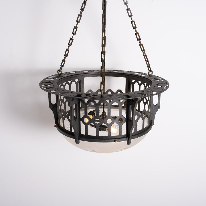 Large Scale Wrought Iron & Cast Brass Plafonnier with Rare Jefferson Satin & Cut Crystal Bowl