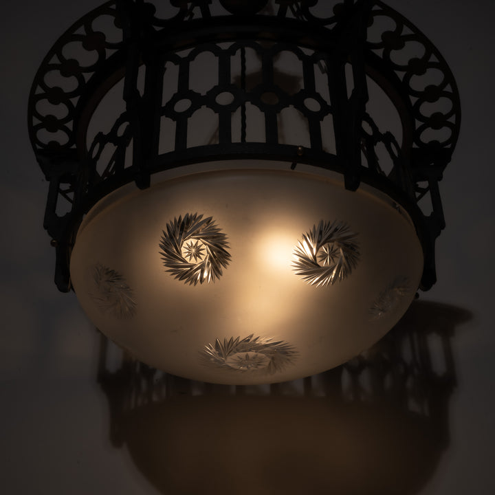 Large Scale Wrought Iron & Cast Brass Plafonnier with Rare Jefferson Satin & Cut Crystal Bowl