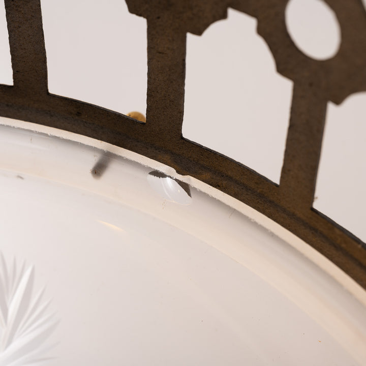 Large Scale Wrought Iron & Cast Brass Plafonnier with Rare Jefferson Satin & Cut Crystal Bowl