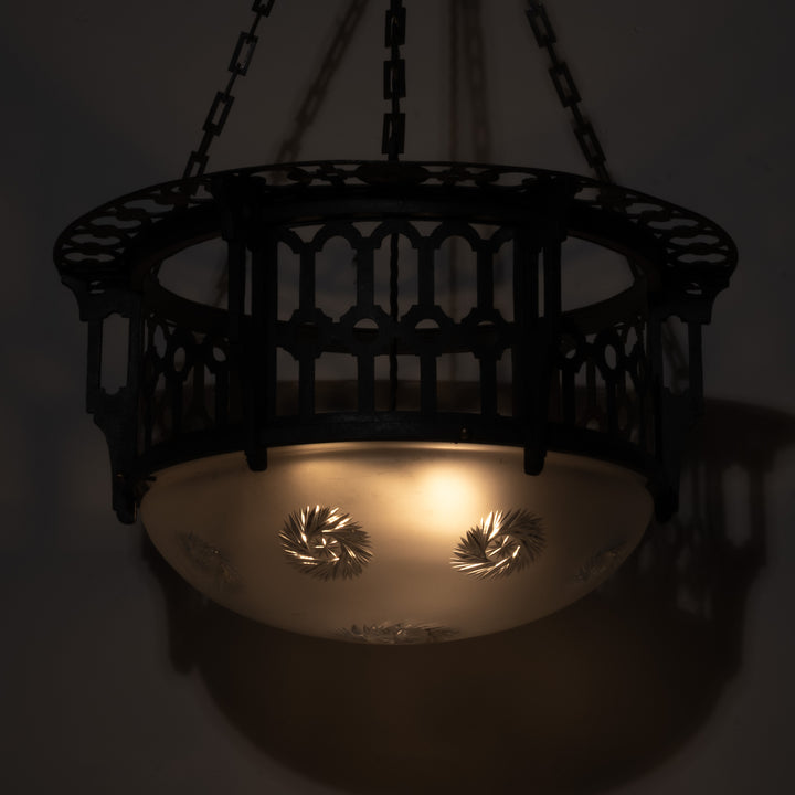 Large Scale Wrought Iron & Cast Brass Plafonnier with Rare Jefferson Satin & Cut Crystal Bowl