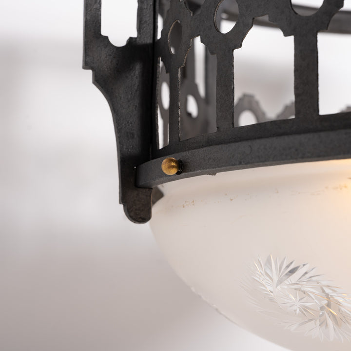 Large Scale Wrought Iron & Cast Brass Plafonnier with Rare Jefferson Satin & Cut Crystal Bowl