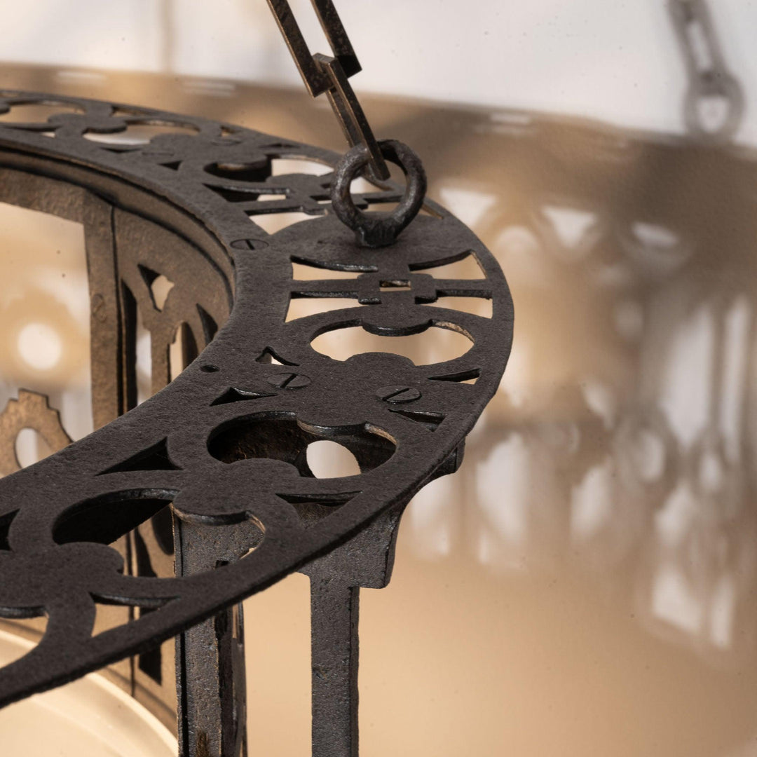 Large Scale Wrought Iron & Cast Brass Plafonnier with Rare Jefferson Satin & Cut Crystal Bowl