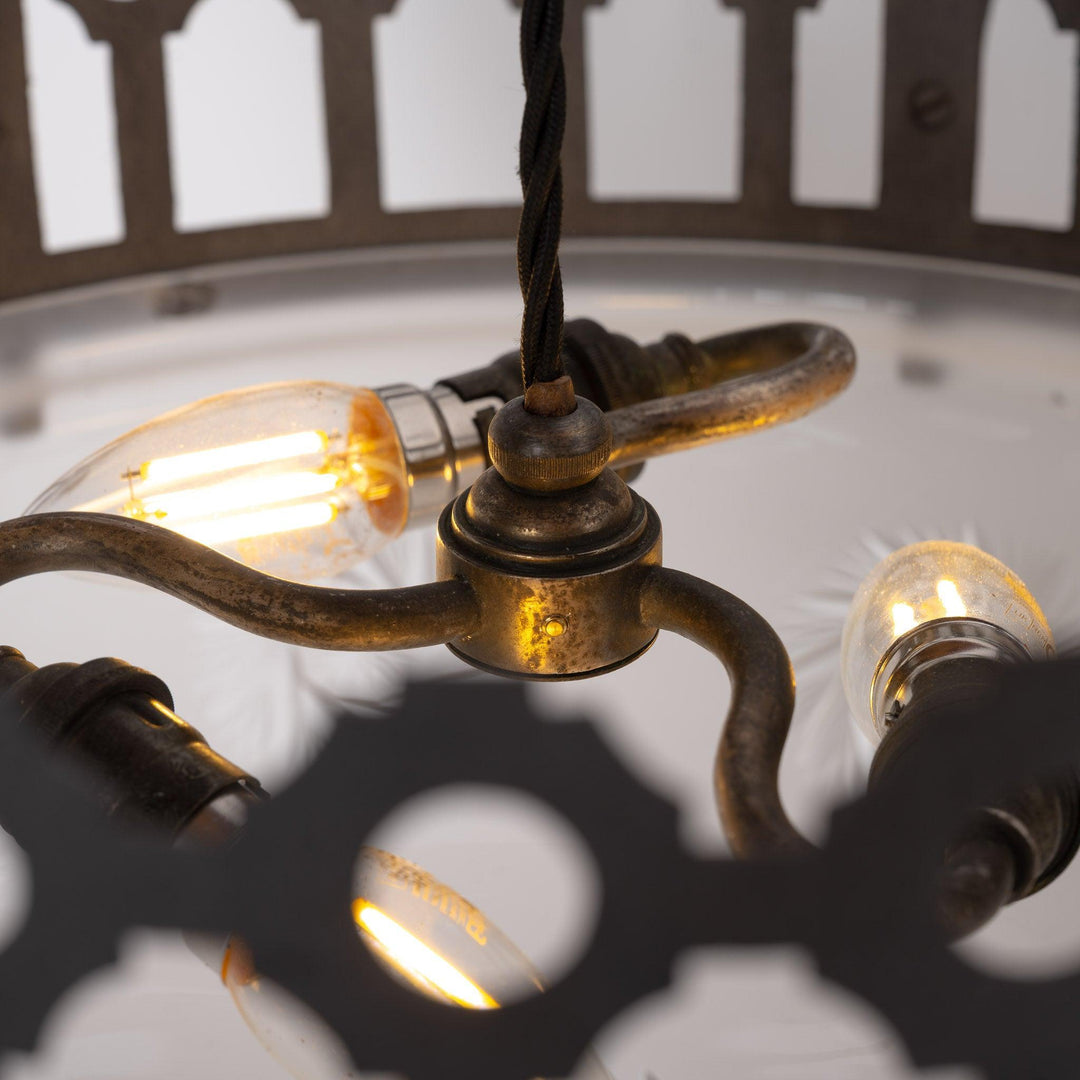 Large Scale Wrought Iron & Cast Brass Plafonnier with Rare Jefferson Satin & Cut Crystal Bowl