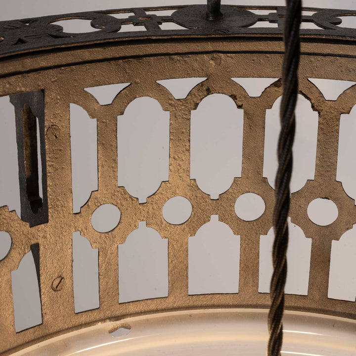 Large Scale Wrought Iron & Cast Brass Plafonnier with Rare Jefferson Satin & Cut Crystal Bowl
