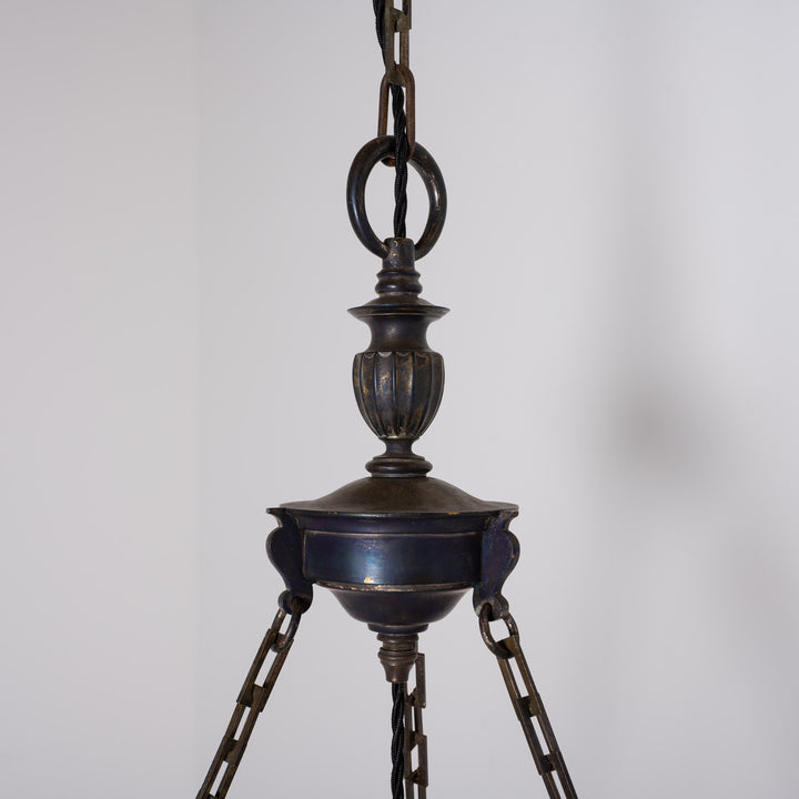 Large Scale Wrought Iron & Cast Brass Plafonnier with Rare Jefferson Satin & Cut Crystal Bowl