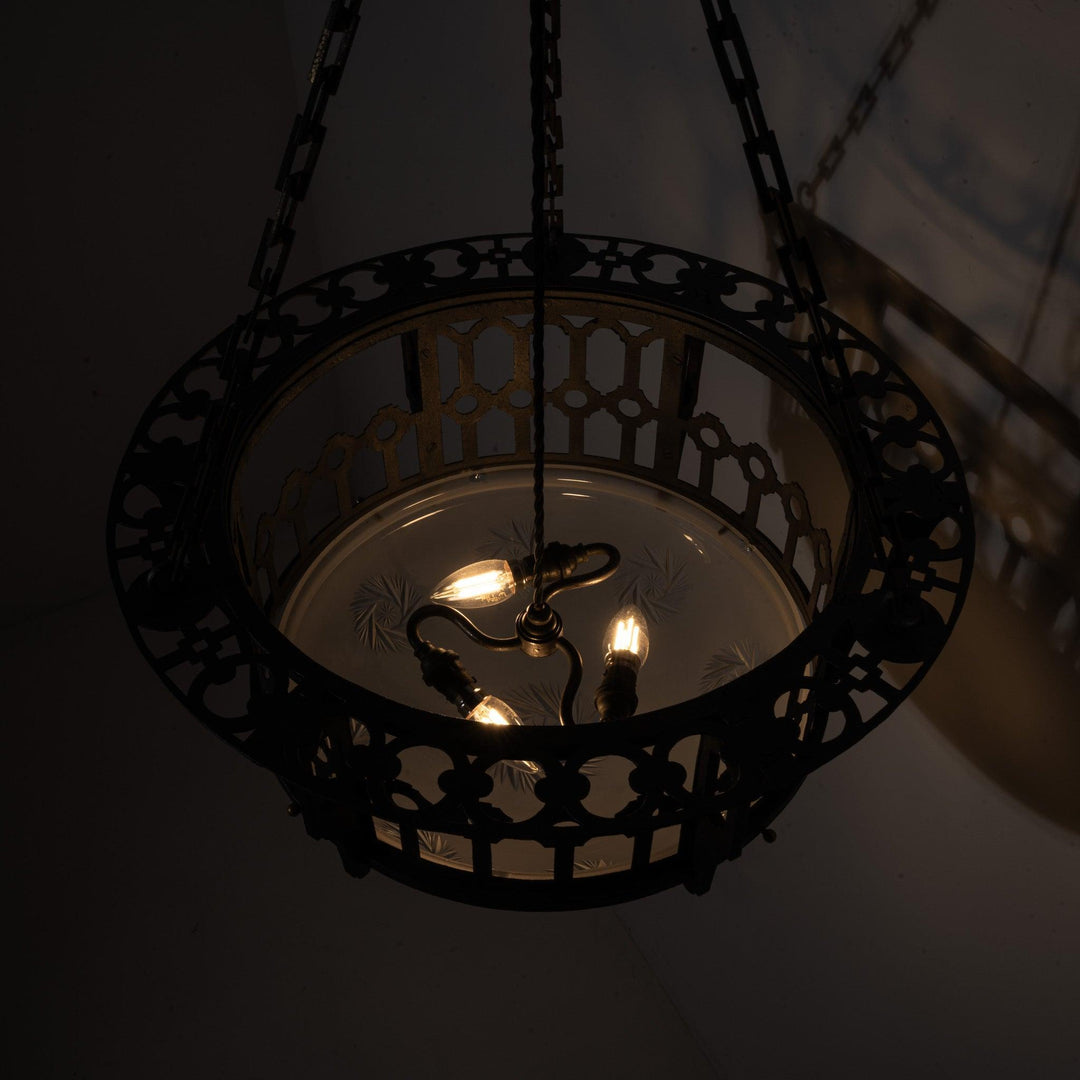 Large Scale Wrought Iron & Cast Brass Plafonnier with Rare Jefferson Satin & Cut Crystal Bowl