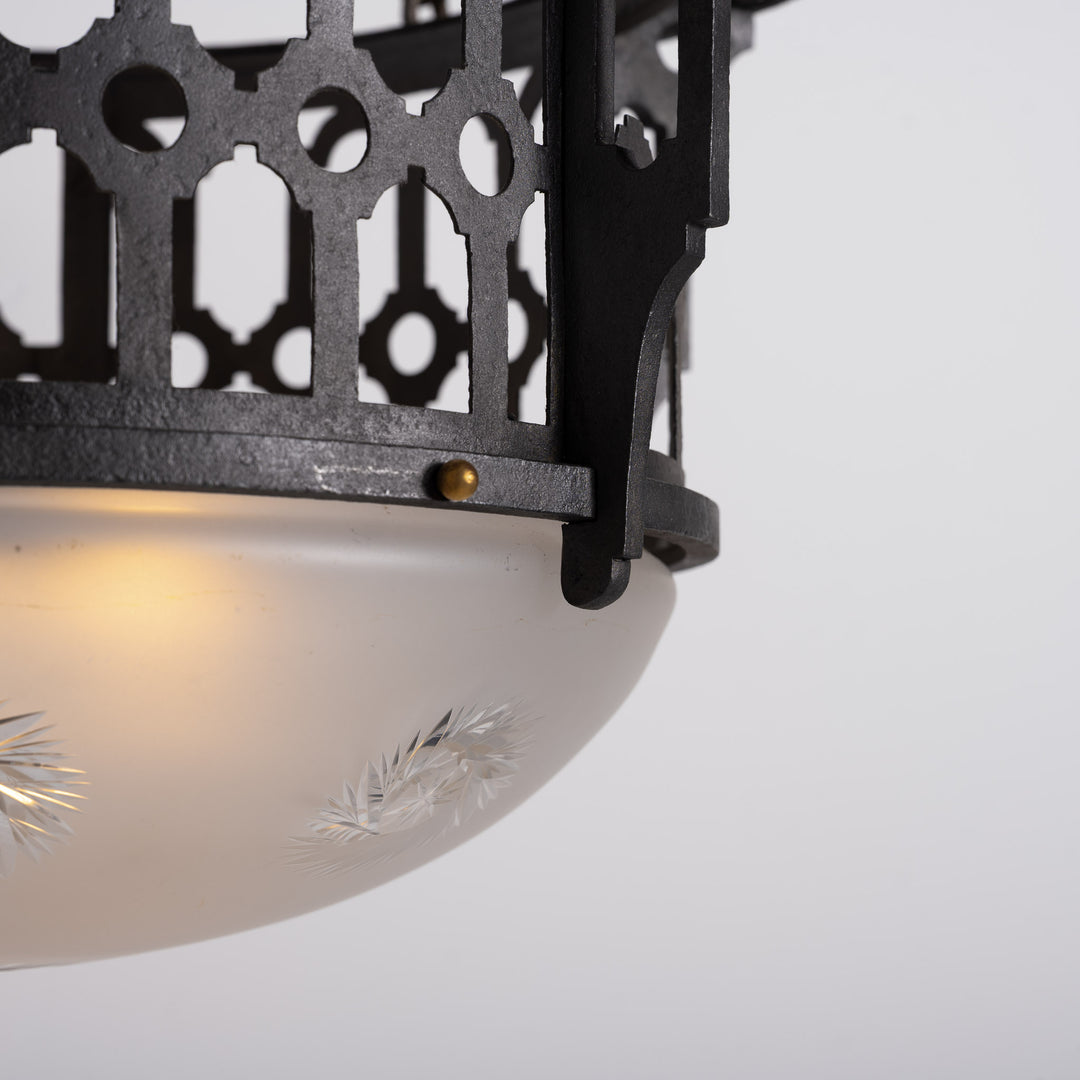 Large Scale Wrought Iron & Cast Brass Plafonnier with Rare Jefferson Satin & Cut Crystal Bowl