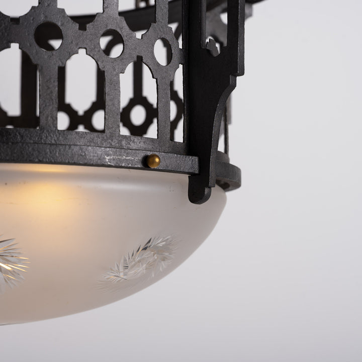 Large Scale Wrought Iron & Cast Brass Plafonnier with Rare Jefferson Satin & Cut Crystal Bowl